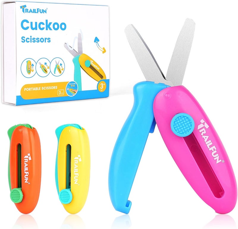 trailfun Retractable Safety Scissors for Kids, 3Pcs Scissors for Toddler Ages 3 4 5 6 7, Cute Small Art Crafts Cutting Tools - Image 1